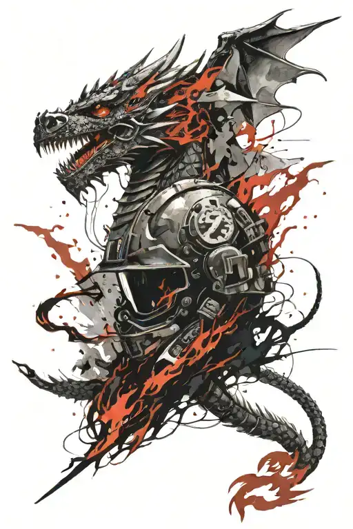 A dragon blazing with fire, the fire turns into a road with the number 232, on the side of the road lies a tactical helmet of a soldier with the number 3 tattoo design idea