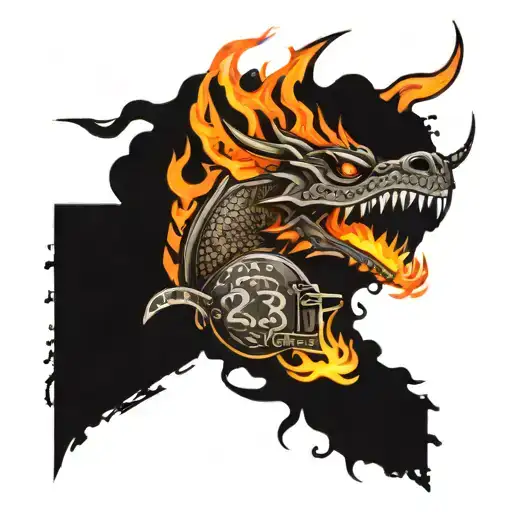 A dragon blazing with fire, the fire turns into a road with the number 232, on the side of the road lies a tactical helmet of a soldier with the number 3 tattoo design idea