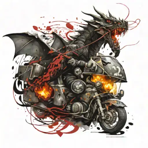 A dragon blazing with fire, the fire turns into a road with the number 232, on the side of the road lies a tactical helmet of a soldier with the number 3 tattoo design idea