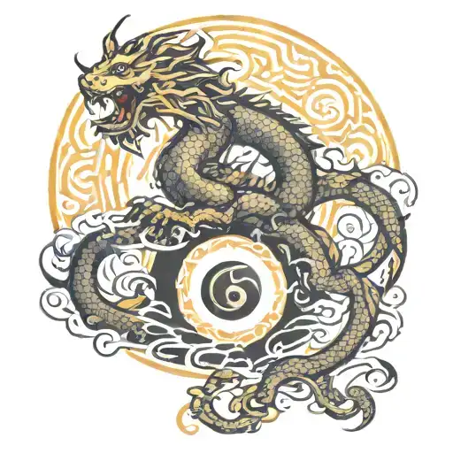 I want a leg sleeve that incorporates my children's birth soul symbols of a dragon, a lion, and a yin yang tattoo design idea