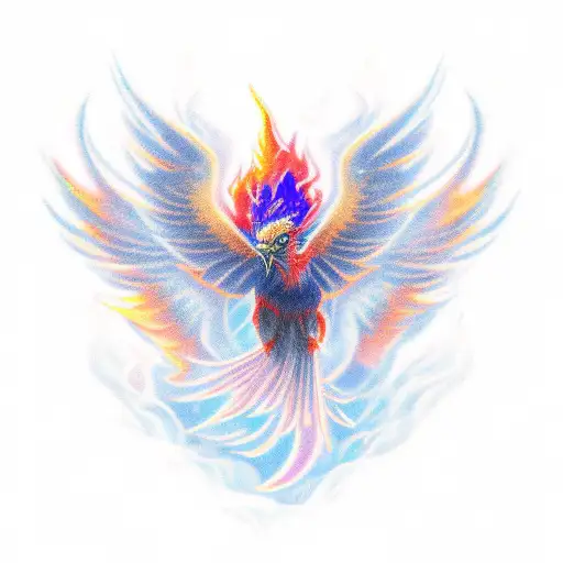 small stylized pheonix vibrant shades of fire to deep cobalt with wisps of smoke and embers tattoo design idea