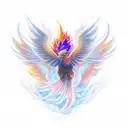 small stylized pheonix vibrant shades of fire to deep cobalt with wisps of smoke and embers tattoo design idea