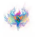 small stylized pheonix vibrant shades of fire to deep cobalt with wisps of smoke and embers tattoo design idea