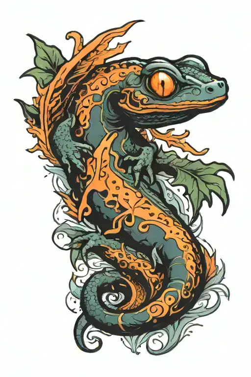 redish orange, fierce looking salamander with sol (sun), mars, and Aries sign tattoo design idea