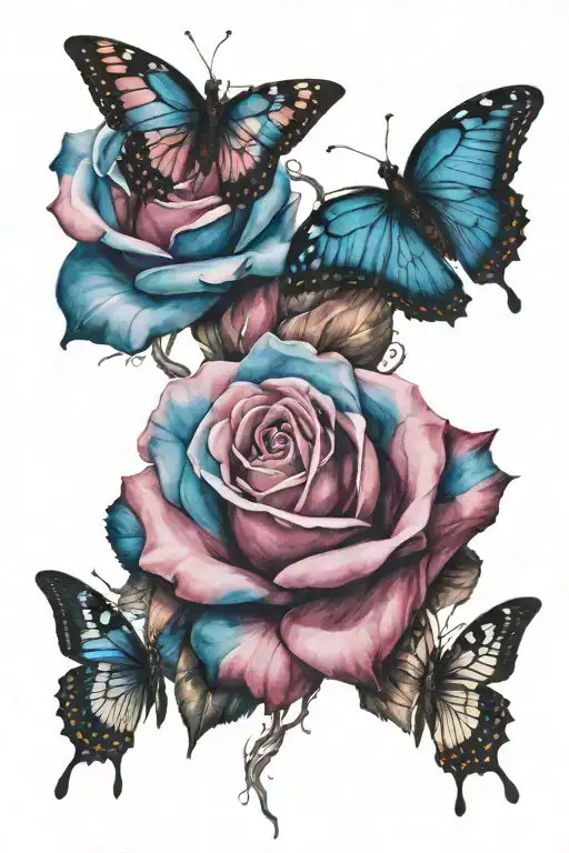 blue and pink roses, butterflies  tattoo design idea