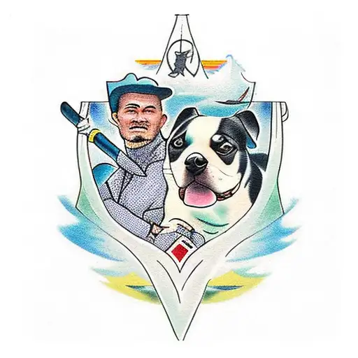 man and pet dog on canoe boat tattoo design idea