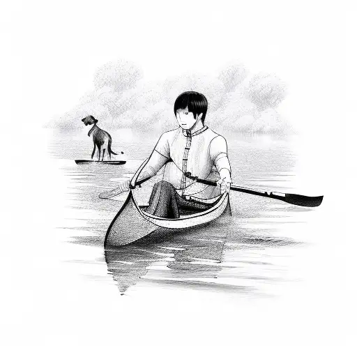 man and pet dog on canoe tattoo design idea