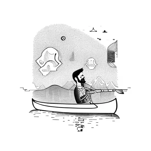 man and dog on canoe in stream tattoo design idea