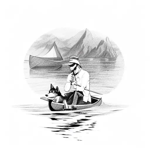 man and pet dog on canoe tattoo design idea