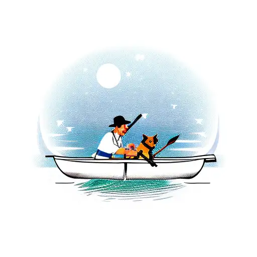 man and pet dog on canoe boat tattoo design idea