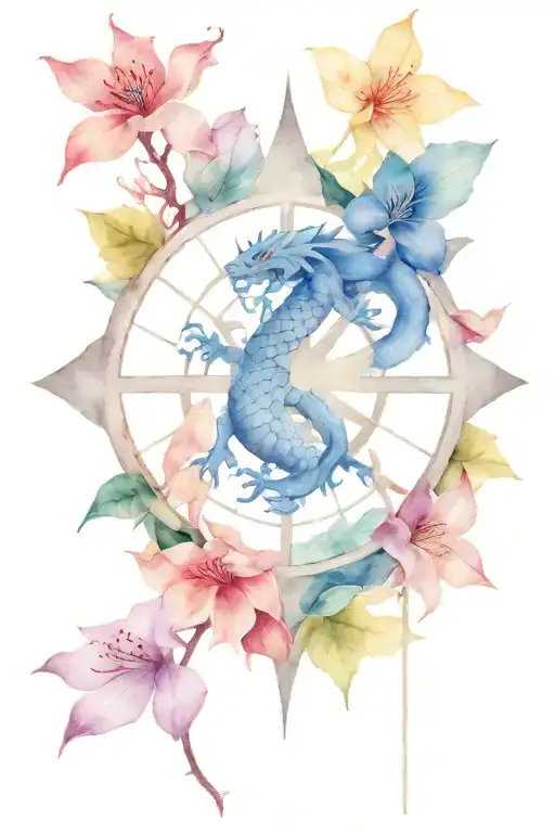 family and compass rose and azalea and lotus and Japan and dragon ball and mysterious and colors tattoo design idea