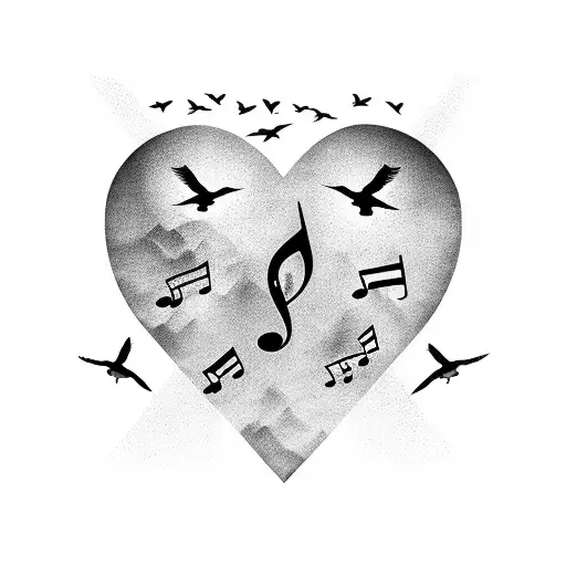 A heart-shaped musical note formed by a flock of flying birds tattoo design idea
