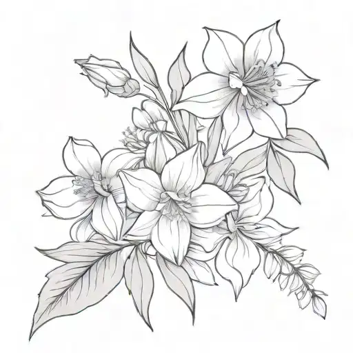 1 daffodil, 1 carnation, 1 rose, 1 larkspur, 2 asters bouqet tattoo design idea