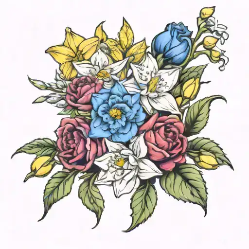 1 daffodil, 1 carnation, 1 rose, 1 larkspur, 2 asters bouqet tattoo design idea