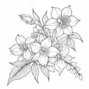 1 daffodil, 1 carnation, 1 rose, 1 larkspur, 2 asters bouqet tattoo design idea