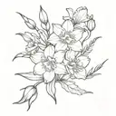 1 daffodil, 1 carnation, 1 rose, 1 larkspur, 2 asters bouqet tattoo design idea