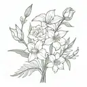 1 daffodil, 1 carnation, 1 rose, 1 larkspur, 2 asters bouqet tattoo design idea