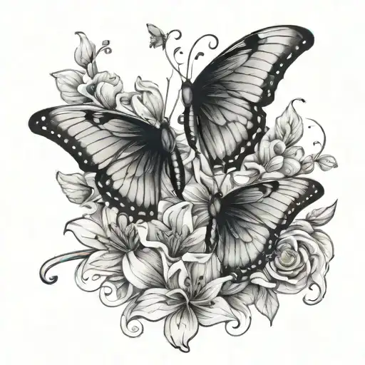 2 butterflies flying through a flower and petals with the first names Emma and Aaron tattoo design idea