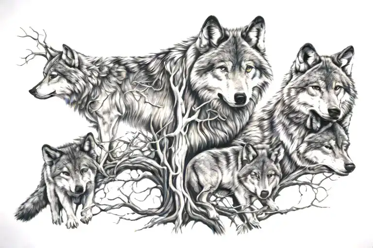 wolf family tree intertwined tattoo design idea