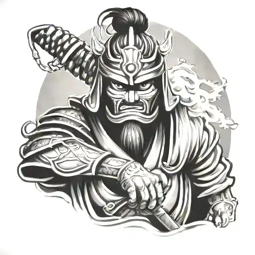 masked samurai warrior holding severed  head tattoo design idea