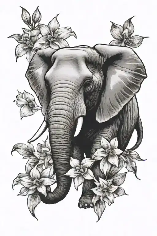 Elephant's face surrounded by daffodils tattoo design idea