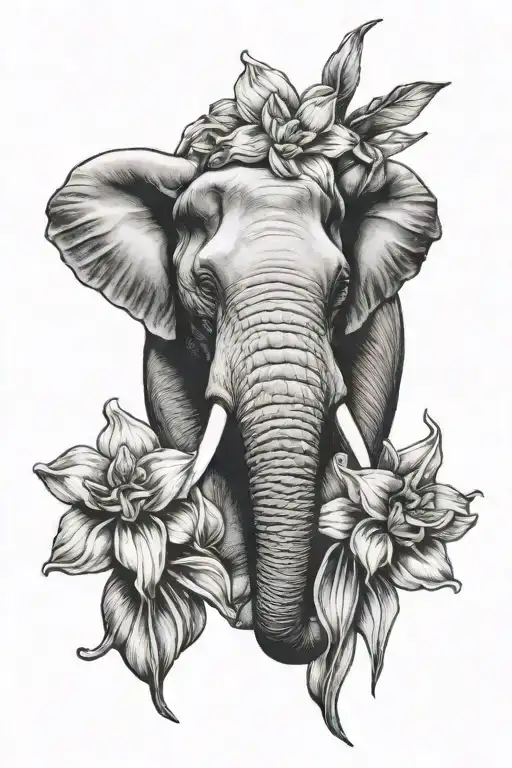 face on elephant head with daffodils tattoo design idea