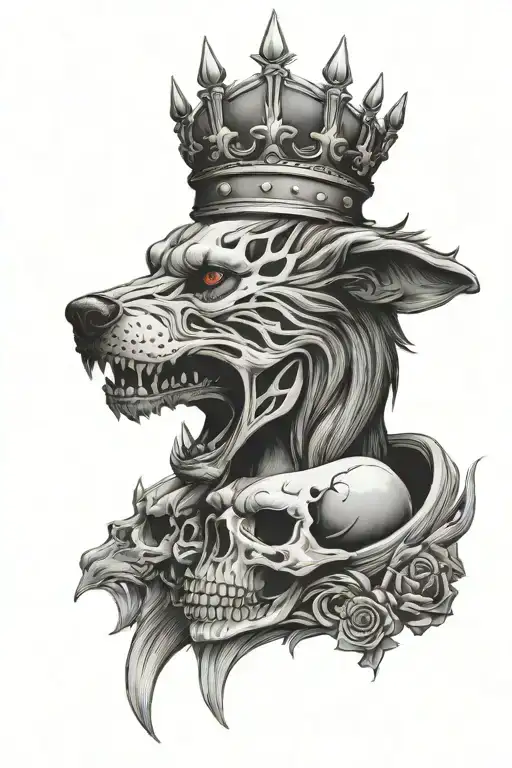 skull crown wolves head profile holding tattoo design idea