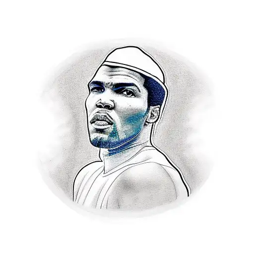Design a realistic portrait of Muhammad Ali surrounded by hip hop elements tattoo design idea
