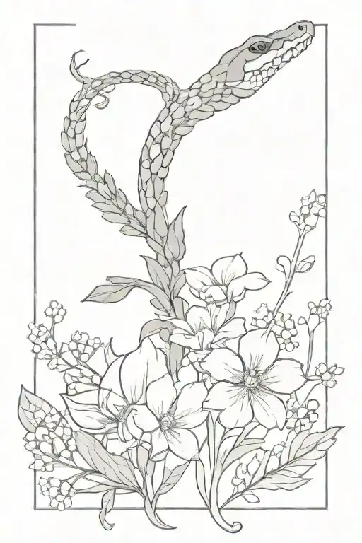 wolfsbane flowers with baby's breath flowers and a snake  tattoo design idea