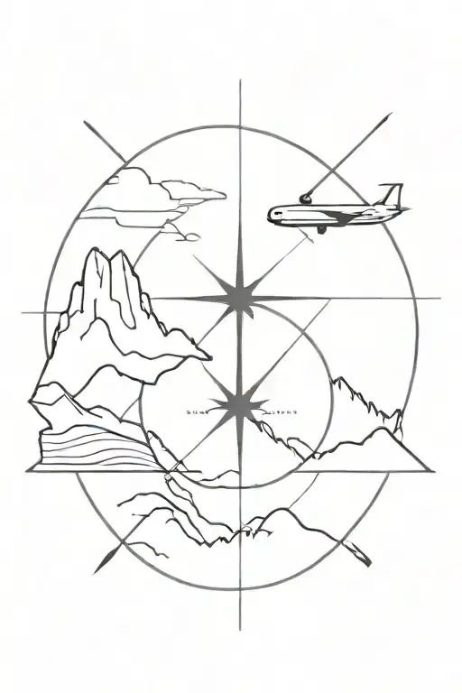compass, mountains, sup board, airplane, map made tattoo design idea