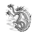An elegant dragon perched on a stack of books, with ink quills and parchment floating around tattoo design idea