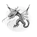 An elegant dragon perched on a stack of books, with ink quills and parchment floating around tattoo design idea