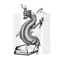 An elegant dragon perched on a stack of books, with ink quills and parchment floating around tattoo design idea