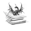 An elegant dragon perched on a stack of books, with ink quills and parchment floating around tattoo design idea