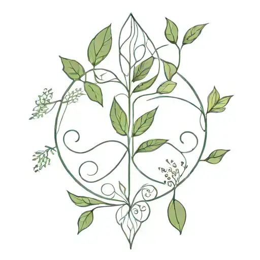 An abstract representation of an unalome symbol intertwined with healing herbs and plants tattoo design idea