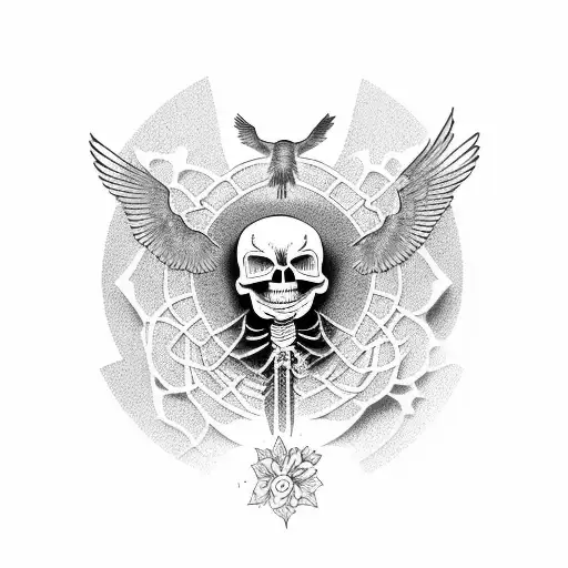 skeleton sitting cross legged meditating with bird on shoulder tattoo design idea