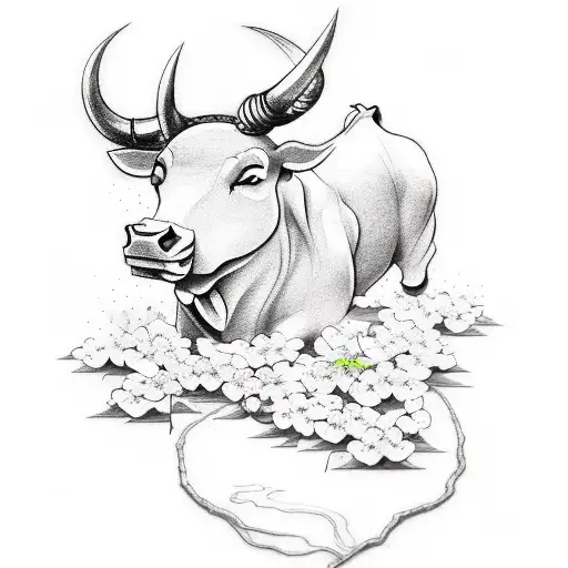 Design a tattoo of a bull charging forward, surrounded by Japanese cherry blossoms in a sketch style. tattoo design idea