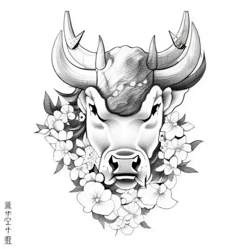 Design a tattoo of a bull charging forward, surrounded by Japanese cherry blossoms in a sketch style. tattoo design idea