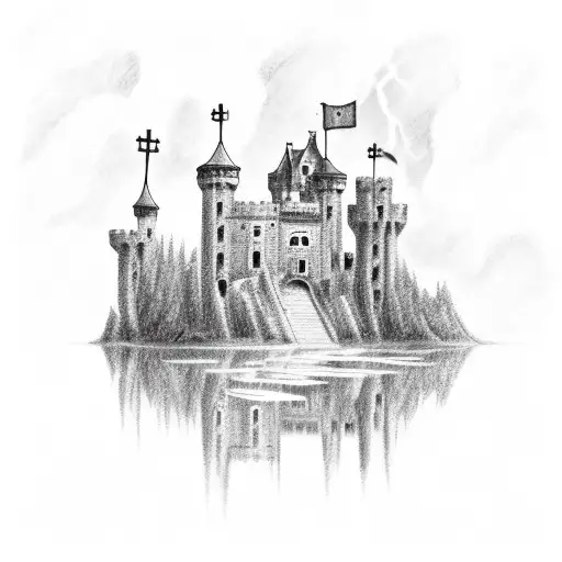 castle on hill with lake under, lightning striking castle, fog around the castle. cross on sky  tattoo design idea