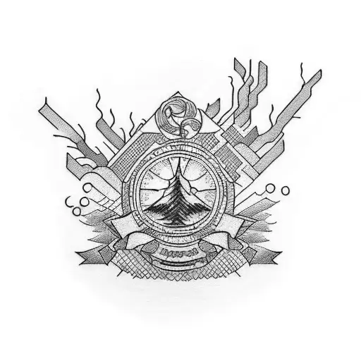 An outlined tattoo of three icons representing running, cycling, and swimming stacked vertically with a few cypress tree tattoo design idea