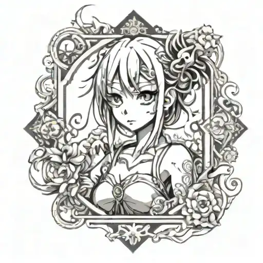 create a tattoo of horrified anime within rectangle frame and upto 5 inchs tattoo design idea