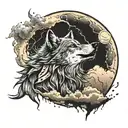 realistic tattoo of wolf howling with clouds and lightning and moon. trash polka style tattoo design idea