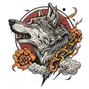 realistic tattoo of wolf howling with clouds and lightning and moon. trash polka style tattoo design idea