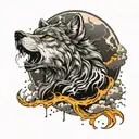 realistic tattoo of wolf howling with clouds and lightning and moon. trash polka style tattoo design idea