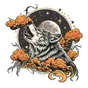 realistic tattoo of wolf howling with clouds and lightning and moon. trash polka style tattoo design idea
