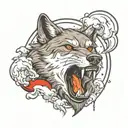 realistic wolf howling with clouds and lightning trash polka style tattoo design idea