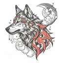 realistic wolf howling with clouds and lightning trash polka style tattoo design idea