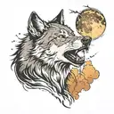 realistic wolf howling with clouds and lightning trash polka style tattoo design idea