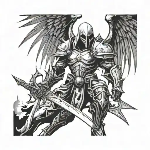 Tyrael from the video game diablo full body with his sword in front of his body tattoo design idea