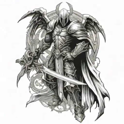Tyrael from the video game diablo full body with his sword in front of his body tattoo design idea